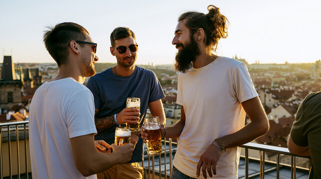 Friends enjoying a beer on a rooftop terrace during summer in Europe, relaxed lifestyle scene featuring friendship, sunshine, city views and memorable social moments outdoors