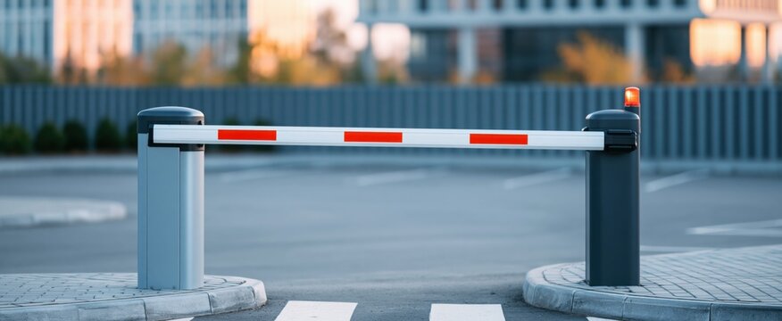 Automatic barrier arm lowered at a contemporary parking entrance securing access to an underground garage in a city environment.