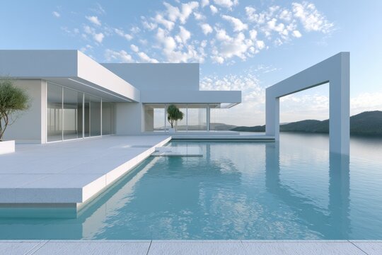 Modern architectural villa featuring infinity pool and geometric lines overlooking sea for luxury travel marketing