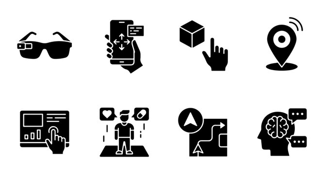 Technology Icons Set: Augmented Reality, Navigation, User Interface, and Innovation Concepts, Vector Graphics for Digital Applications