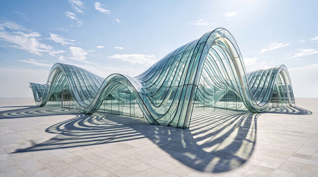 Sound wave glass building sinusoidal curved architecture in open plaza under summer sky