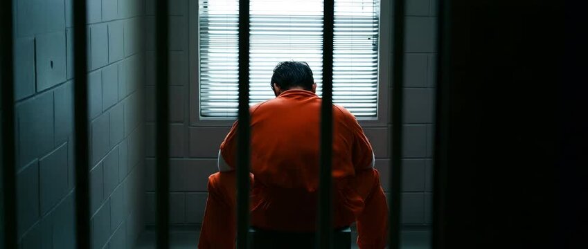A solitary inmate in an orange prison uniform sits behind metal bars in a dimly lit jail cell, justice, punishment