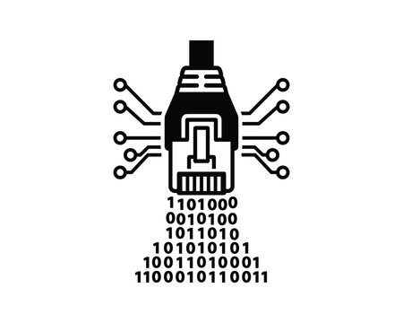 Binary code data transfer icon with network cable and digital stream