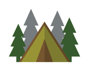 Obraz premium Camping tent in forest with trees simple flat vector illustration
