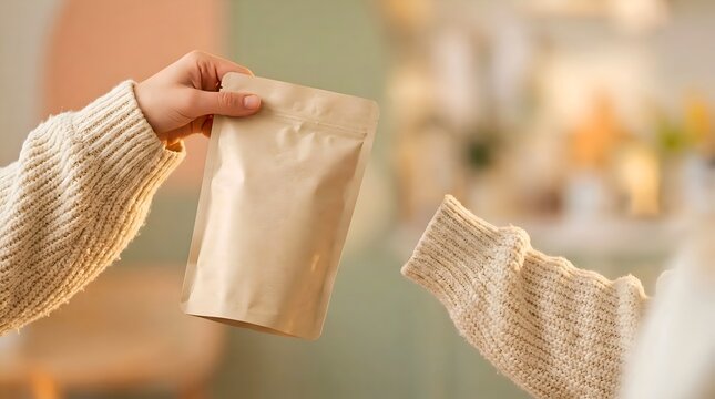 Close-Up of a Person Holding a Blank Brown Kraft Paper Pouch Bag for Coffee Packaging Mockup.