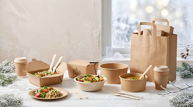 Eco Friendly Takeaway Food Packaging with Biodegradable Containers on Minimal Dining Table, Sustainable Lifestyle Concept