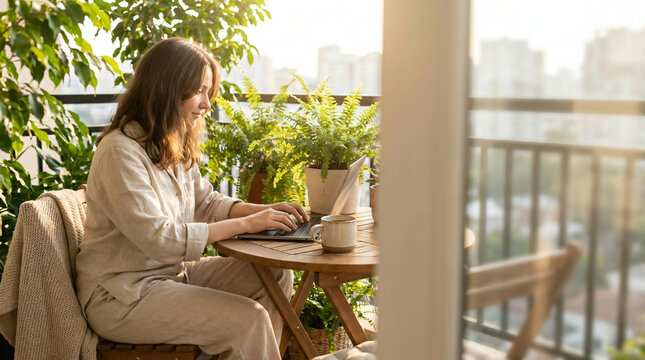 Woman working remotely from balcony home office with laptop