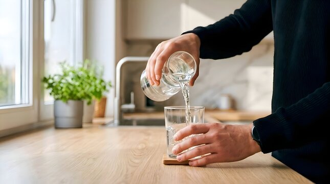 Person Pouring Fresh Filtered Water from a Glass Pitcher into a Drinking Tumbler in the Kitchen