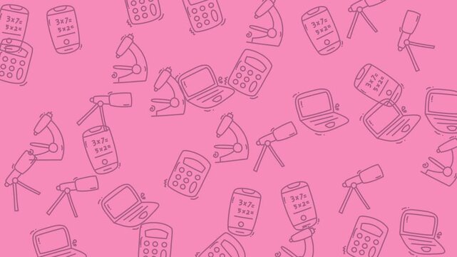Pink background pattern with repeated outlines of calculators, microscopes, laptops, notebooks, and various school supplies. Perfect for educational designs.