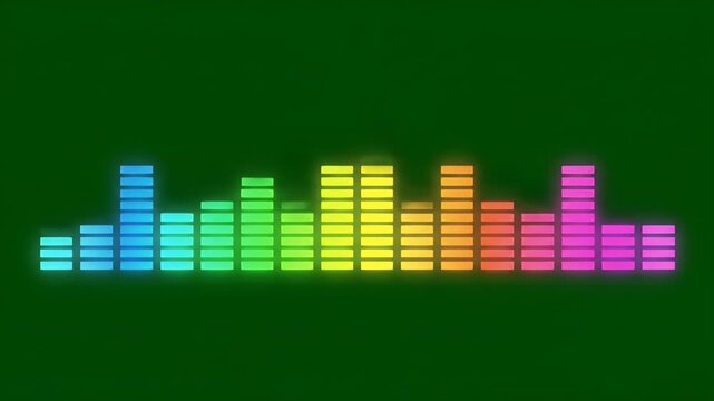 Rainbow audio equalizer glowing with neon colors on a dark green digital background.