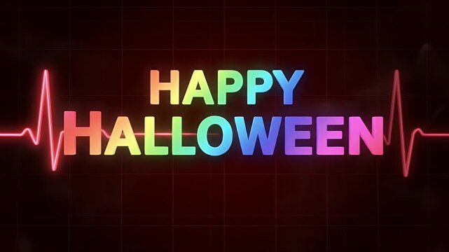 Happy halloween text with rainbow neon glow and heartbeat line on a dark background.