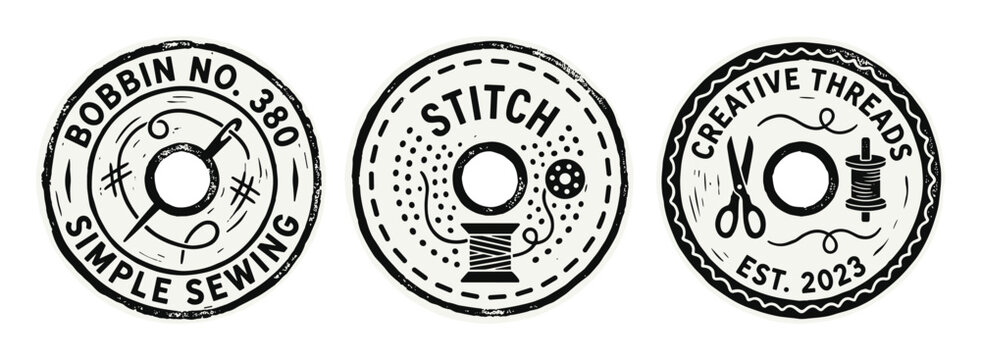 Set of black and white round sewing logos for creative threads