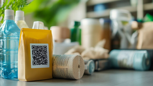 Close-up of reusable household products with QR codes showing sustainability lifecycle information, eco innovation concept