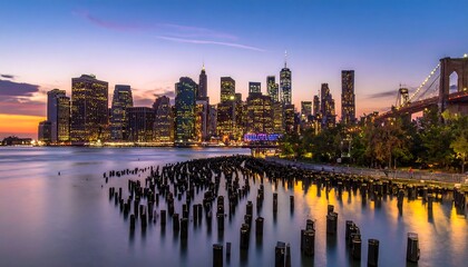 Fototapeta premium Illuminated Lower Manhattan Skyline Reflecting on East River at Twilight