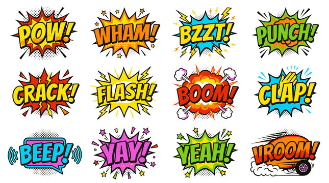 Vibrant comic book sound effect stickers for superhero designs.