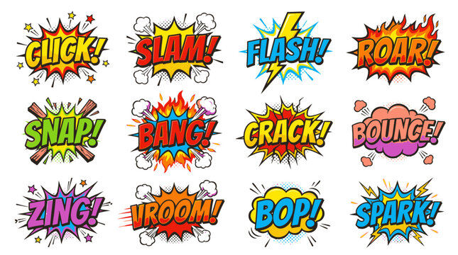 Vibrant comic book sound effect stickers for superhero themes.