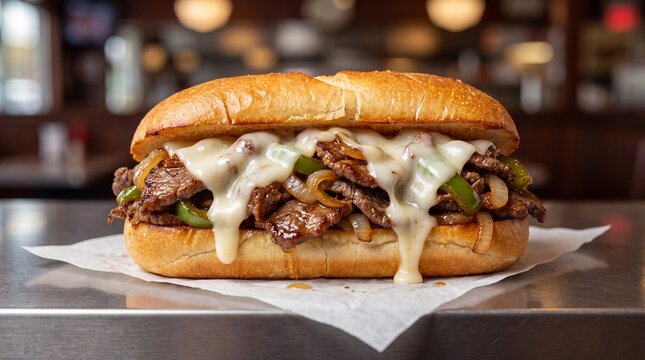 Classic American Philly Cheesesteak sandwich with melted cheese, steak, and saut&eacute;ed peppers.