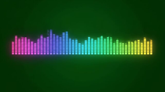 Audio spectrum equalizer glowing neon rainbow bars reacting to music on green canvas