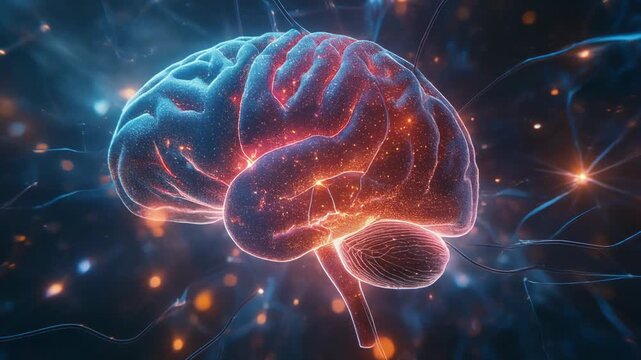 A vibrant digital brain surrounded by glowing neural connections and light particles, symbolizing cognition, neuroscience, and artificial intelligence.