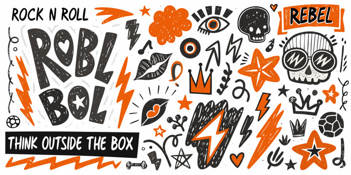 Punk Rock Vector Doodle Collection With Skulls Stars And Lightning Bolts
