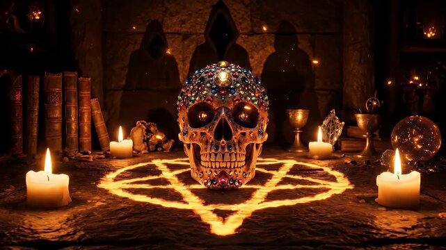 Jeweled skull occult ritual with glowing pentagram and candles in a dark stone space