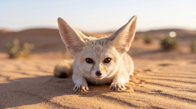 Cute fennec fox crouching on golden desert sand dunes during warm sunlight