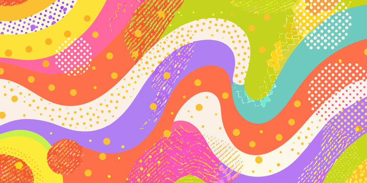 Colorful Memphis Style Wave Pattern With Polka Dots And Textures