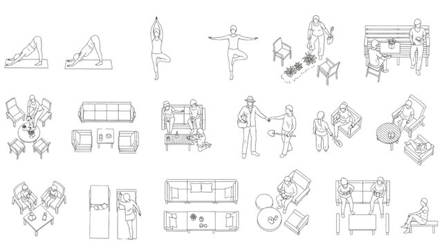 A collection of isometric line drawings depicting various lifestyle scenes, including yoga poses, furniture arrangements, and social gatherings