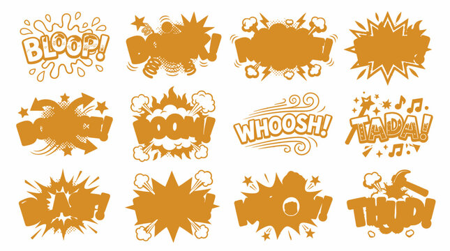 Golden yellow comic sound effect icons on white background.