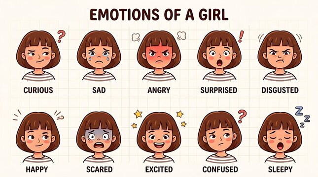 Cute Cartoon Girl Showing Different Emotions on Educational Expression Chart