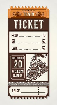 Vintage Train Ticket Illustration with Steam Locomotive on Cream Background