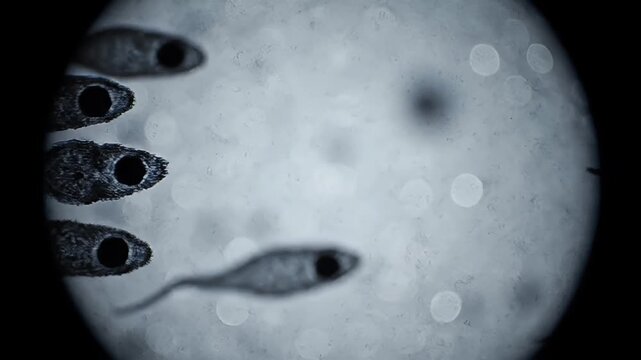 Microscopic parasitic larvae swimming in a circular field of view under a microscope