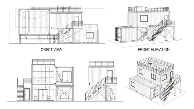 Architectural rendering of modular container housing with multiple levels, staircases, and balconies, showcasing different views and elevations
