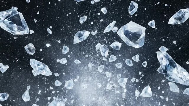 Ice block explosion shattering into crystal fragments on black background