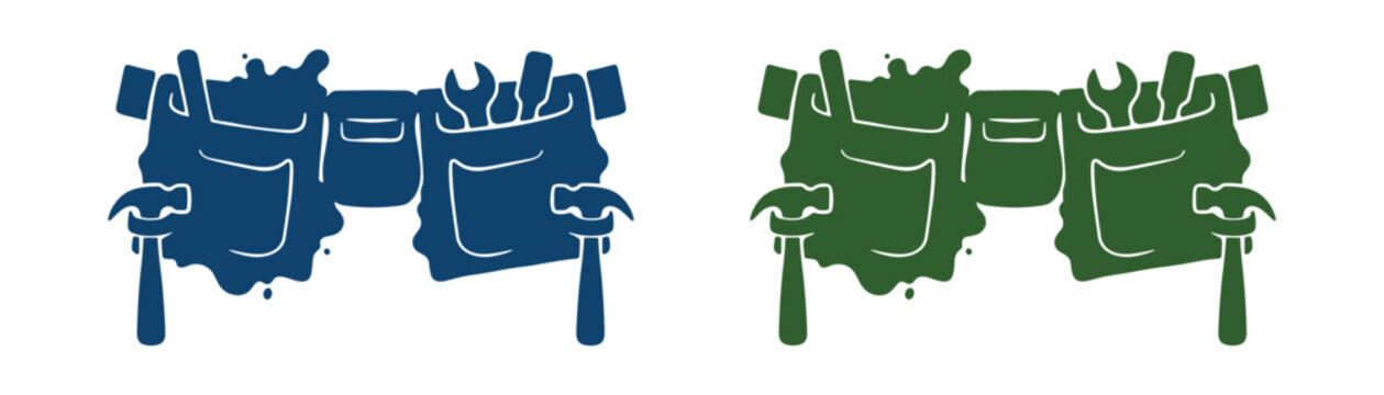 Two work aprons with tools in blue and green silhouette graphics