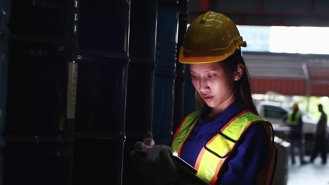 Asian female worker with tablet inspect product in large steel drums at factory during night shift. Engineer woman with helmet and safety vest work in industrial site, check product quality in a dark