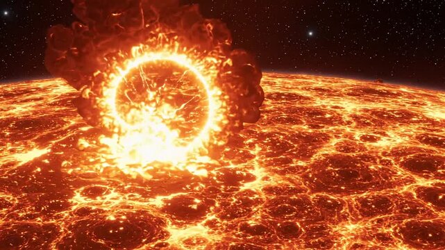 Massive fiery explosion on a glowing celestial body, representing destruction, global catastrophe, or an apocalyptic event in space