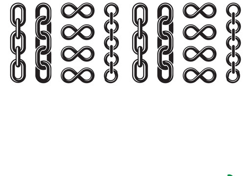 Collection of black chain link elements and infinity symbols on transparent background