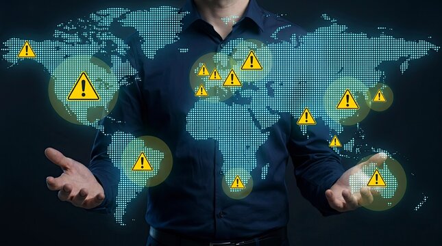 Global Risk Management Professional Monitoring Worldwide Multi-Region Warning Alerts on Digital World Map for International Crisis Response and Enterprise Threat Assessment