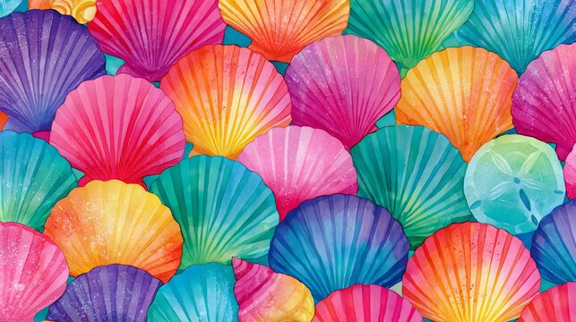 Bright seashells create a colorful, repeating design for a lively summer scene.