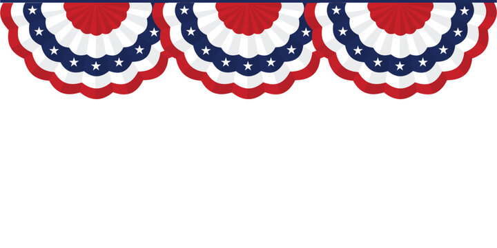 Patriotic bunting banner with red white and blue pleated fabric for independence day, memorial day, or fourth of july