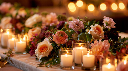 Obraz premium Elegant Wedding Table Decor with Romantic Candlelit Floral Centerpiece