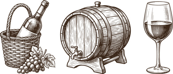 Fototapeta premium Wine, grapes, barrel, basket, glass, vintage, alcohol, drink, wine-making, illustration