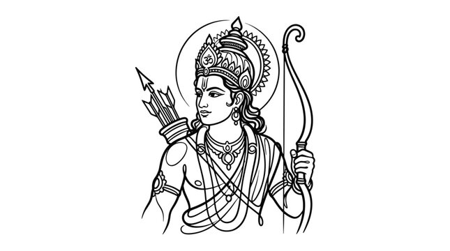Lord Rama, a divine Hindu deity, depicted with a bow and arrow, embodying righteousness and courage in a traditional