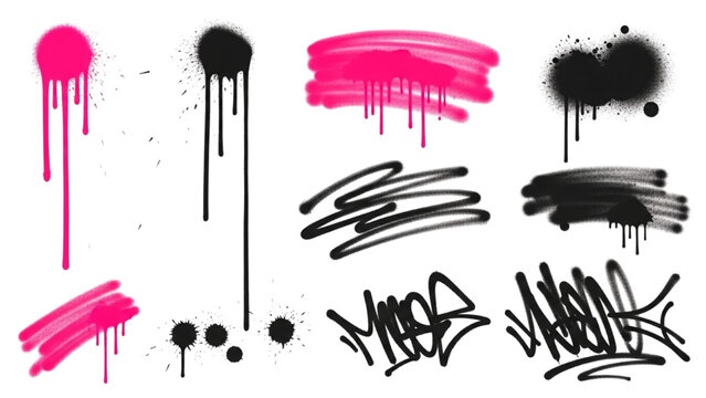 A collection of graffiti elements, including drips, splatters, and scribbles in pink and black