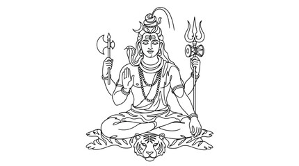 Obraz premium Lord Shiva meditating in lotus pose holding trident and axe, seated on tiger skin, Hindu deity illustration
