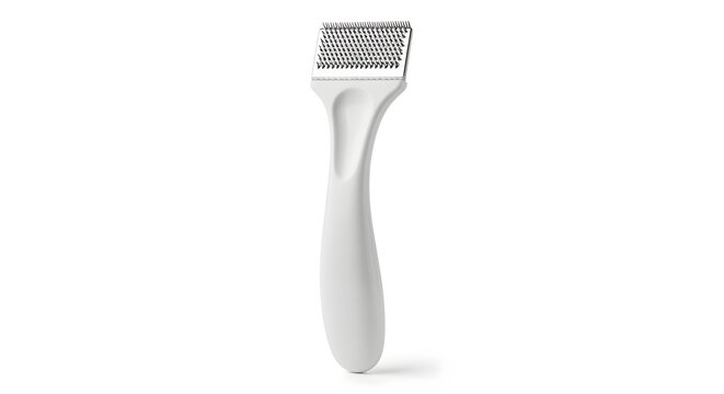 White plastic pet grooming tool with metal teeth for removing dead hair.