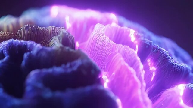 Macro video of colorful brain fibers with neural activity, featuring bright electrical impulses moving in waves across the glowing pathways for neuroscience and tech concepts.