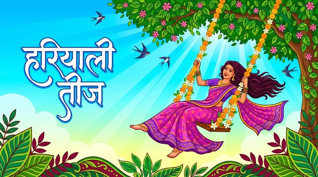 vector illustration of Indian festival hariyali teej, written Hindi text means green teej . married woman enjoy the festival with swing in monsoon on beautiful landscape