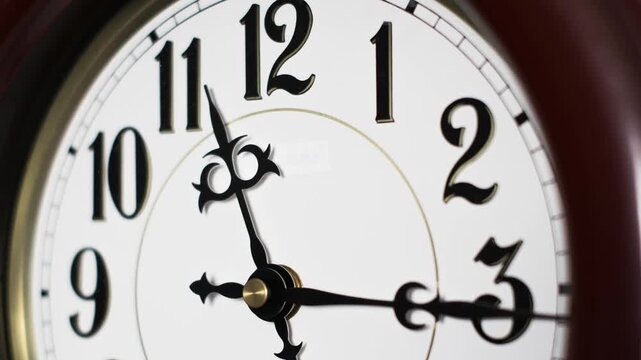 A time lapse view of a vintage white clock face features ornate black hands spinning fast to show hours passing. Concept of urgent deadlines, busy schedules, and the relentless flow of time.